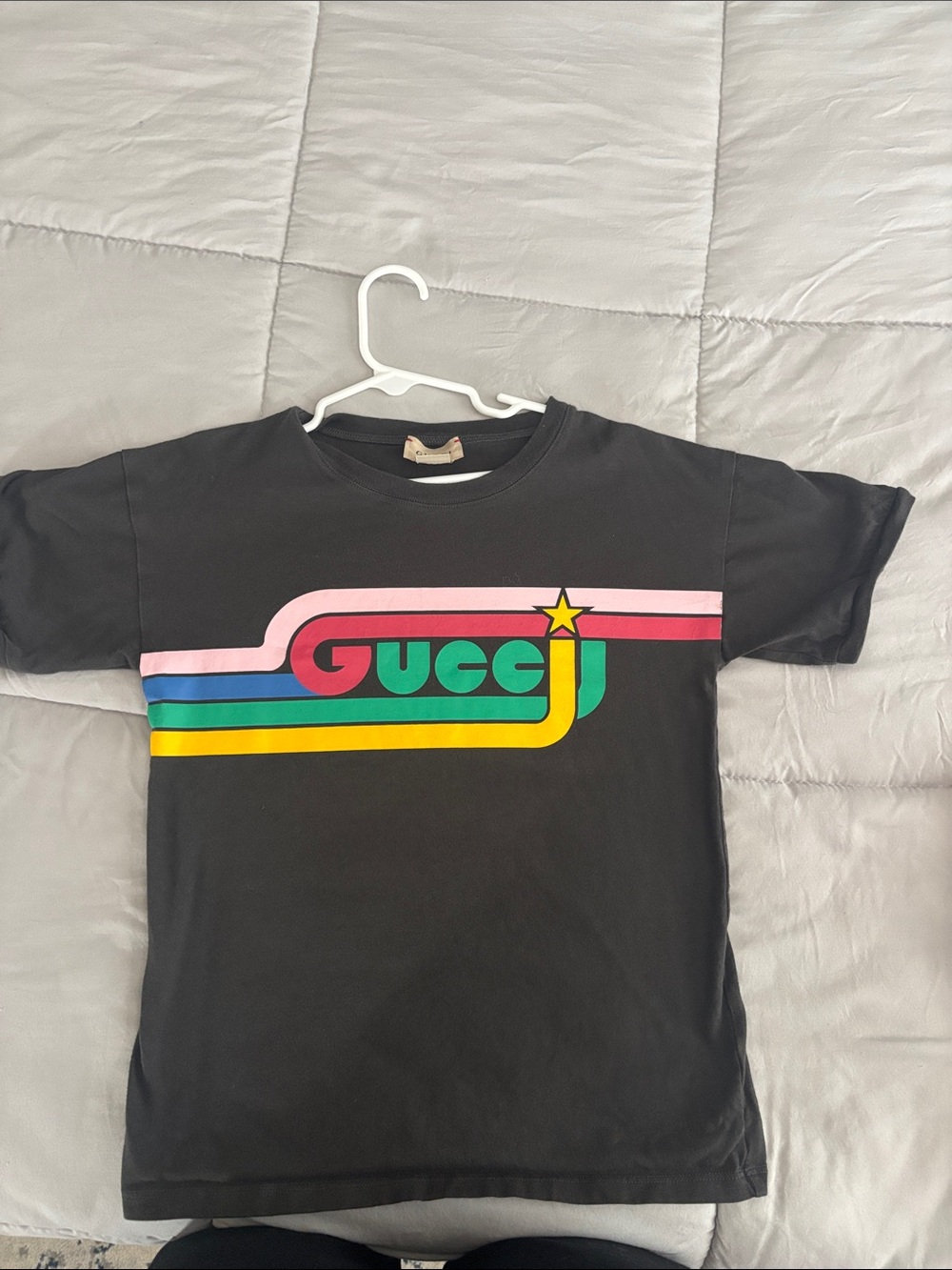 Gucci Black Short Sleeve Tee with Pink, Green, Blue & Yellow Retro Stripe Logo